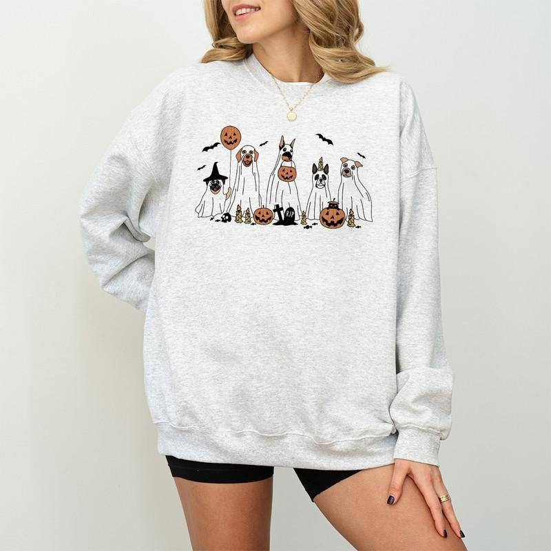 Ghost Dog Halloween Sweatshirt, Halloween Dog Sweatshirt, Retro Halloween Shirt, Dog Pumpkin Halloween Sweatshirt,...