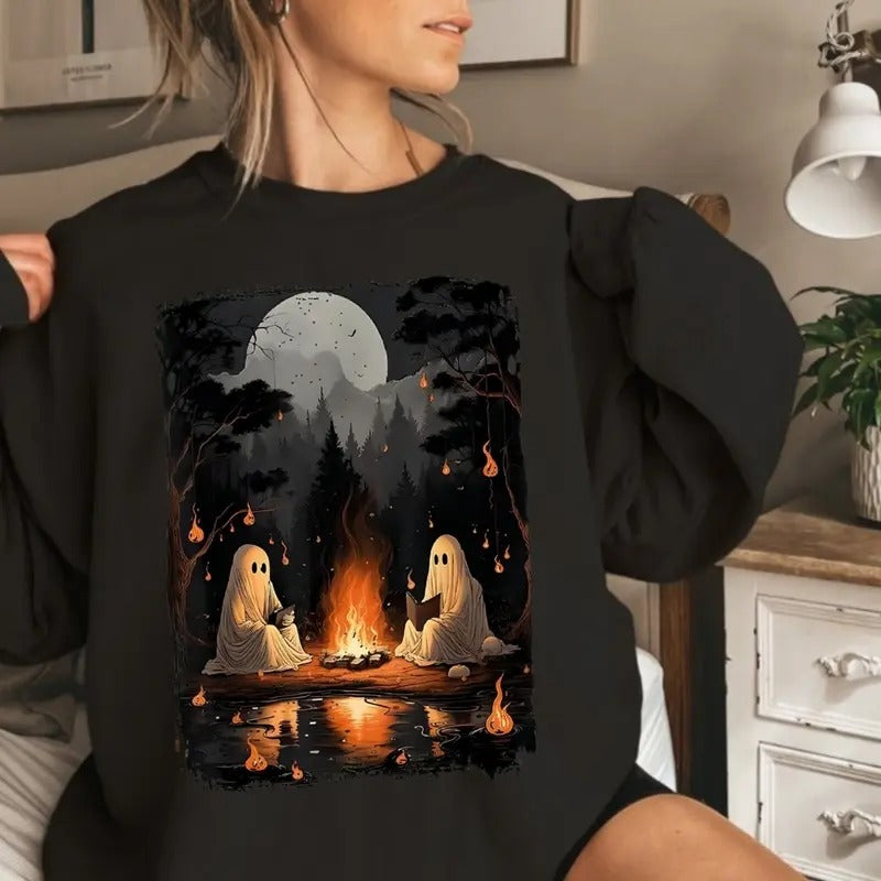 Ghost Reading Book Halloween Campfire Reading Books T-Shirt, Crewneck Sweatshirt, T