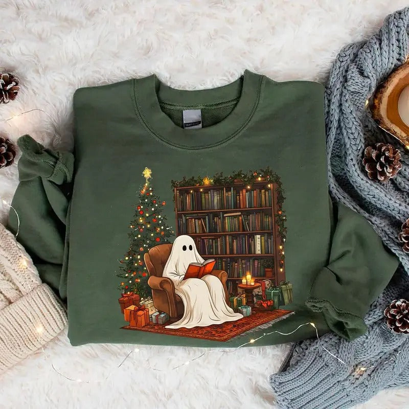 Ghost Reading Books Christmas Sweatshirt, Bookish Christmas Shirt, Book Christmas Sweatshirt, Book Lover Christmas Gift,...