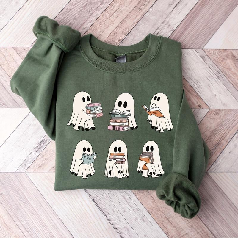 Ghost Reading Books Sweater Bookish Halloween Sweatshirt Halloween Teacher Gift Librarian Halloween Hoodie Ghost Crewneck...