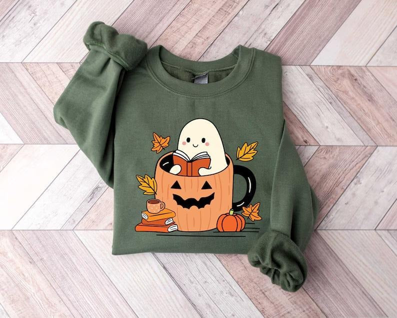 Ghost Reading Books Sweatshirt, Bookish Halloween Sweatshirt, Teacher Librarian Halloween Gift, Halloween Book Lover,...
