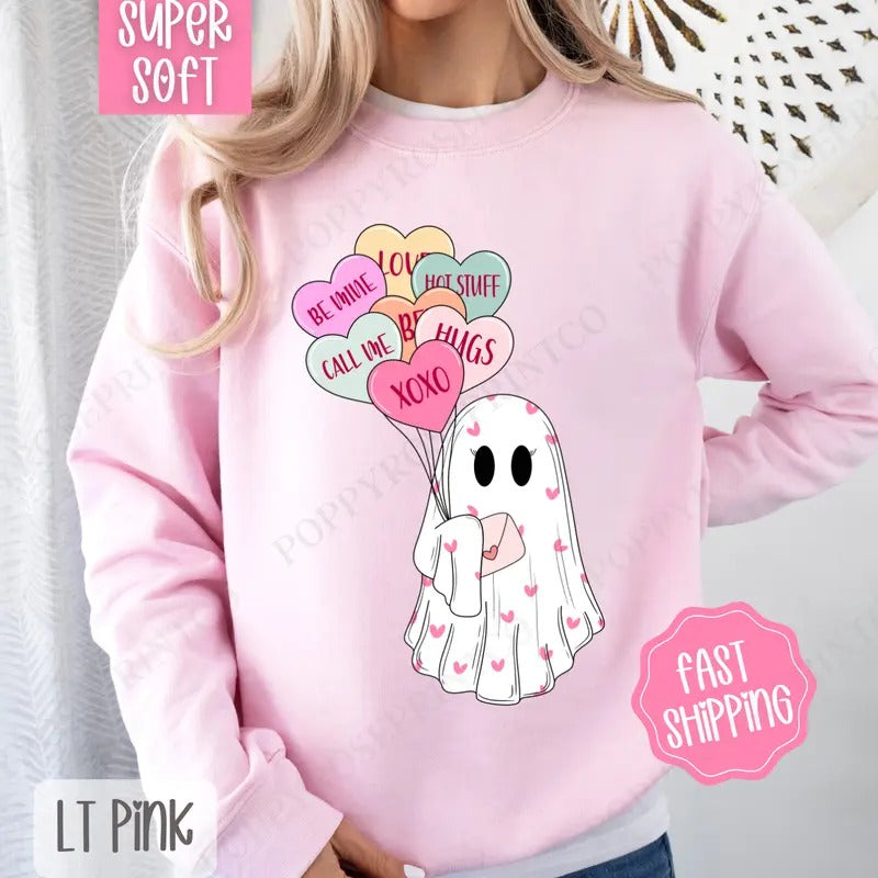 Ghost Valentine Sweatshirt, Valentine's Day Crewneck, Cute Women's Sweater T-Shirts, Hoodie | HypeDripTees.com
