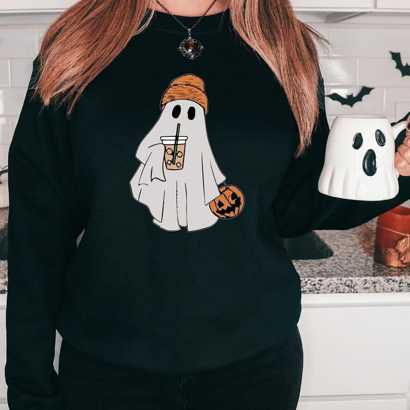 Ghost with Coffee Shirt, Cute Halloween Party Hoodie, Ice Coffee Lover Gift Sweatshirt, Spooky Season Sweater, Pumpkin...