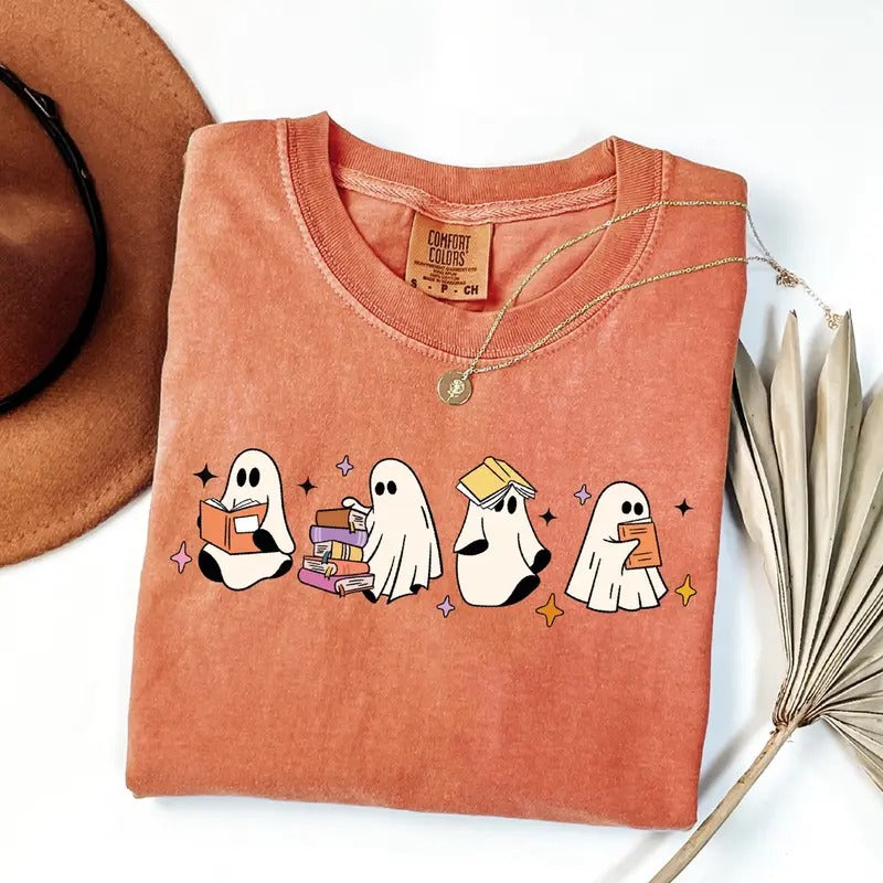 Ghosts Reading Books Shirt, Books Lover Ghost Gift, Cute Little Ghost Shirt, Womens Halloween Shirt, Spooky Season Shirt,...