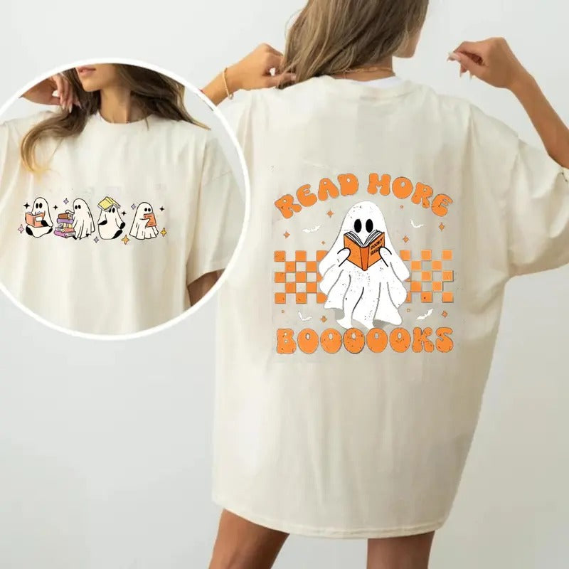 Ghosts Reading Books Shirt Books Lover Ghost Cute Little Ghost Shirt Halloween Shirt Spooky Season Shirt Fall Her Cotton Shirt T-Shirts, Hoodie, Sweatshirt