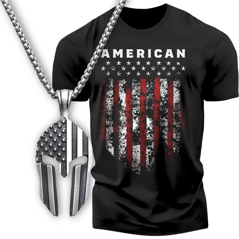 Gift Set for Men American Shield Funny Workout Gym T-Shirt with Spartan Warrior Pendant Soft Cotton Menswear Hoodie,...