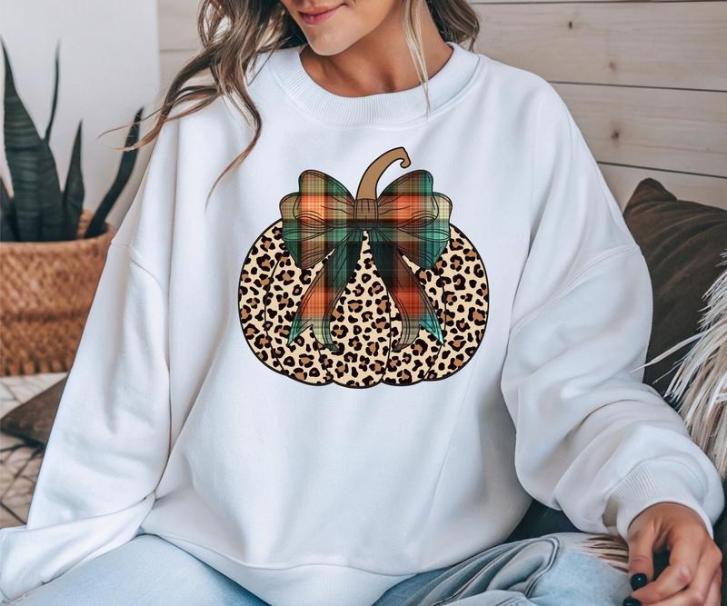 Gildan Cheetah Plaid Pumpkin Crewneck Sweatshirt Long Sleeve Comfortable Casual Women's Chic Everyday Wear Graphic...