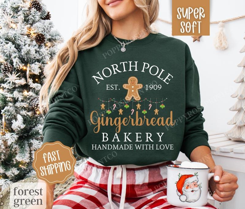 Gingerbread Bakery Sweatshirt, North Pole Christmas Crewneck,  Womens Holiday Sweater T-Shirts, Hoodie | HypeDripTees.com
