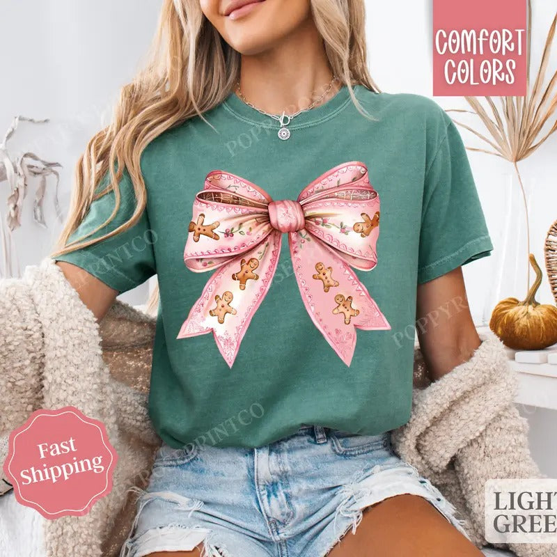 Gingerbread Bow Shirt Holiday Tshirt,  Women's Holiday Tee Hoodie, Sweatshirt | HypeDripTees.com