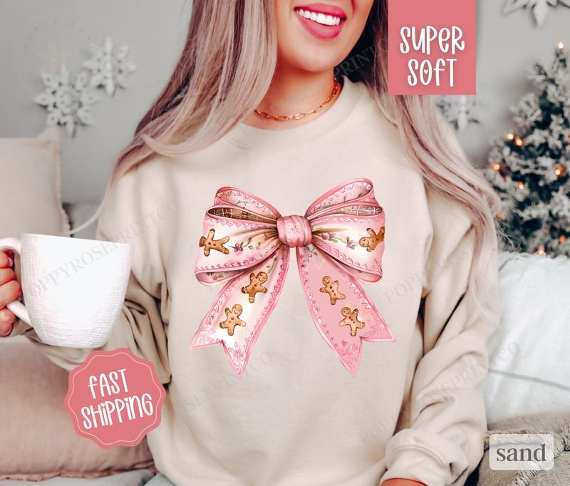 Gingerbread Bow Sweatshirt, Merry Christmas Sweater, Women's Holiday Crewneck T-Shirts, Hoodie | HypeDripTees.com
