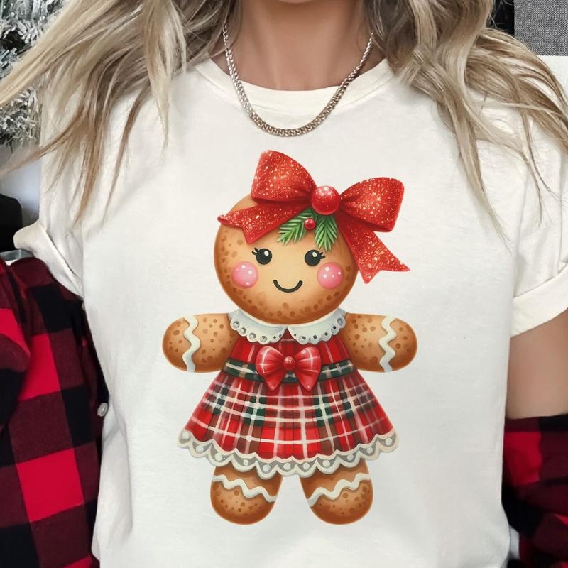 Gingerbread Girl Christmas Tee Retro Holiday Gingerbread Girl Sweatshirt Girly Coquette Gingerbread Tshirt Red Bow...