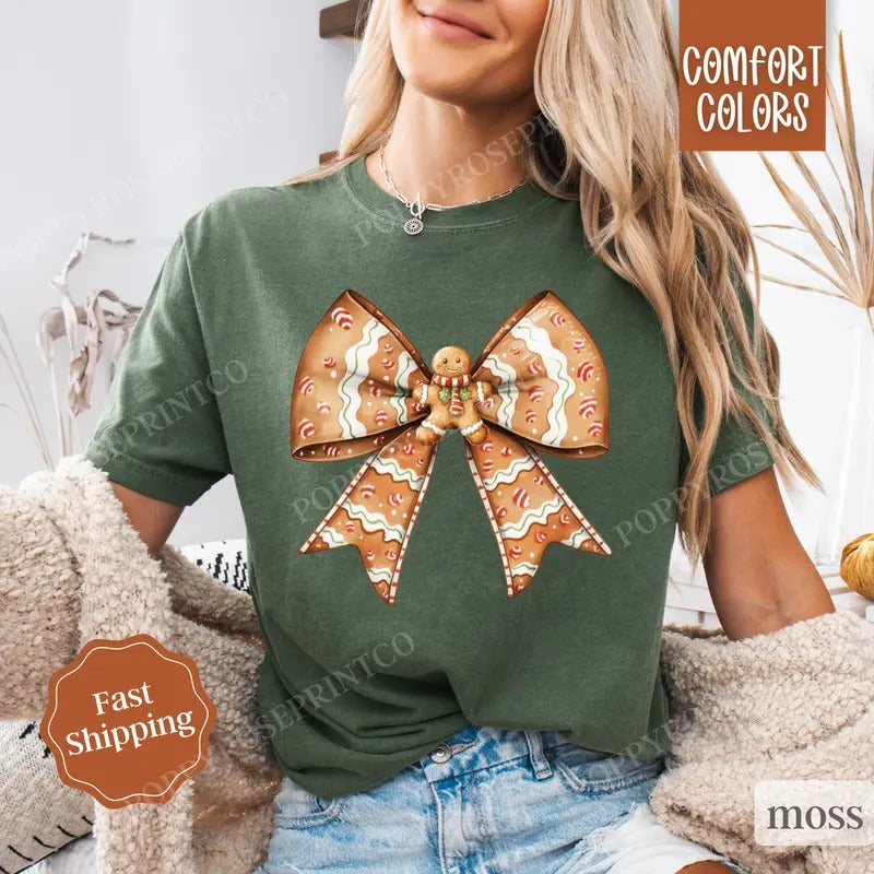 Gingerbread Man Bow Shirt Comfort Colors Holiday Tshirt,  Women's Holiday Tee Hoodie, Sweatshirt | HypeDripTees.com