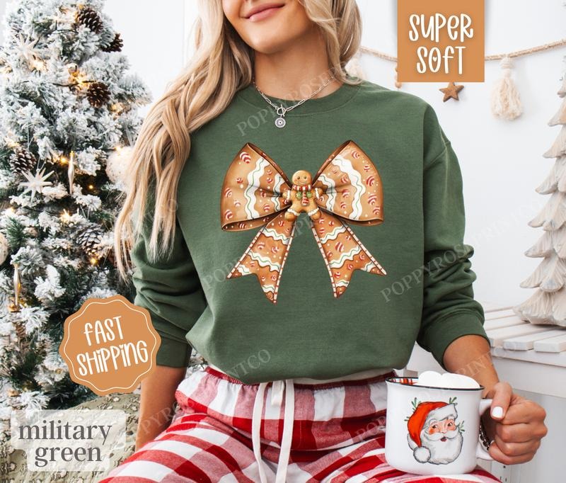 Gingerbread Man Bow Sweatshirt, Merry Christmas Sweater, Women's Holiday Crewneck T-Shirts, Hoodie | HypeDripTees.com
