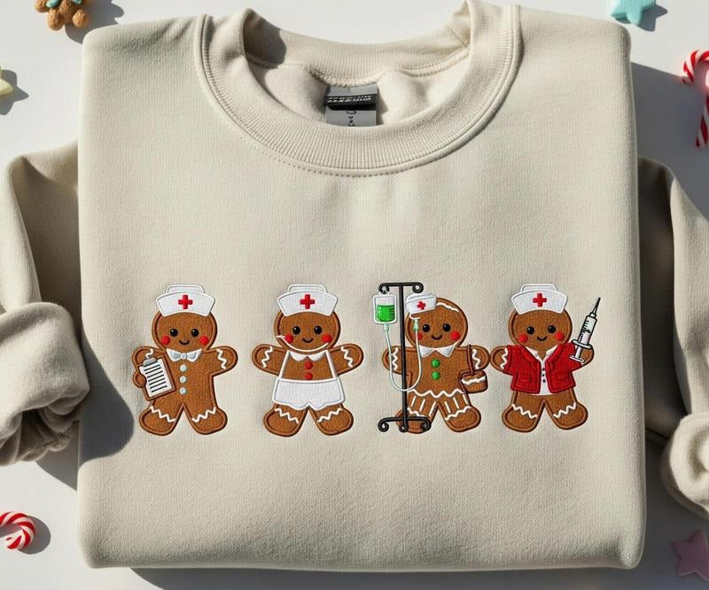 Gingerbread Nurse Christmas Embroidered Sweatshirt Cute Holiday Nurse Crewneck Funny Medical Staff Xmas Shirt Christmas...
