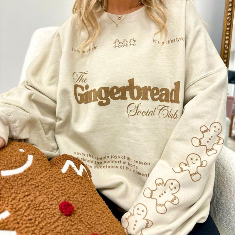 'Gingerbread Social Club' Sweatshirt, Festive Sleeve Print, Christmas Vibes Crewneck T-Shirts, Hoodie | HypeDripTees.com