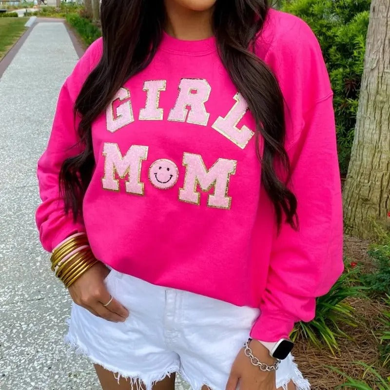 'Girl Mom' Letter Patch Sweatshirt T-Shirts, Hoodie | HypeDripTees.com