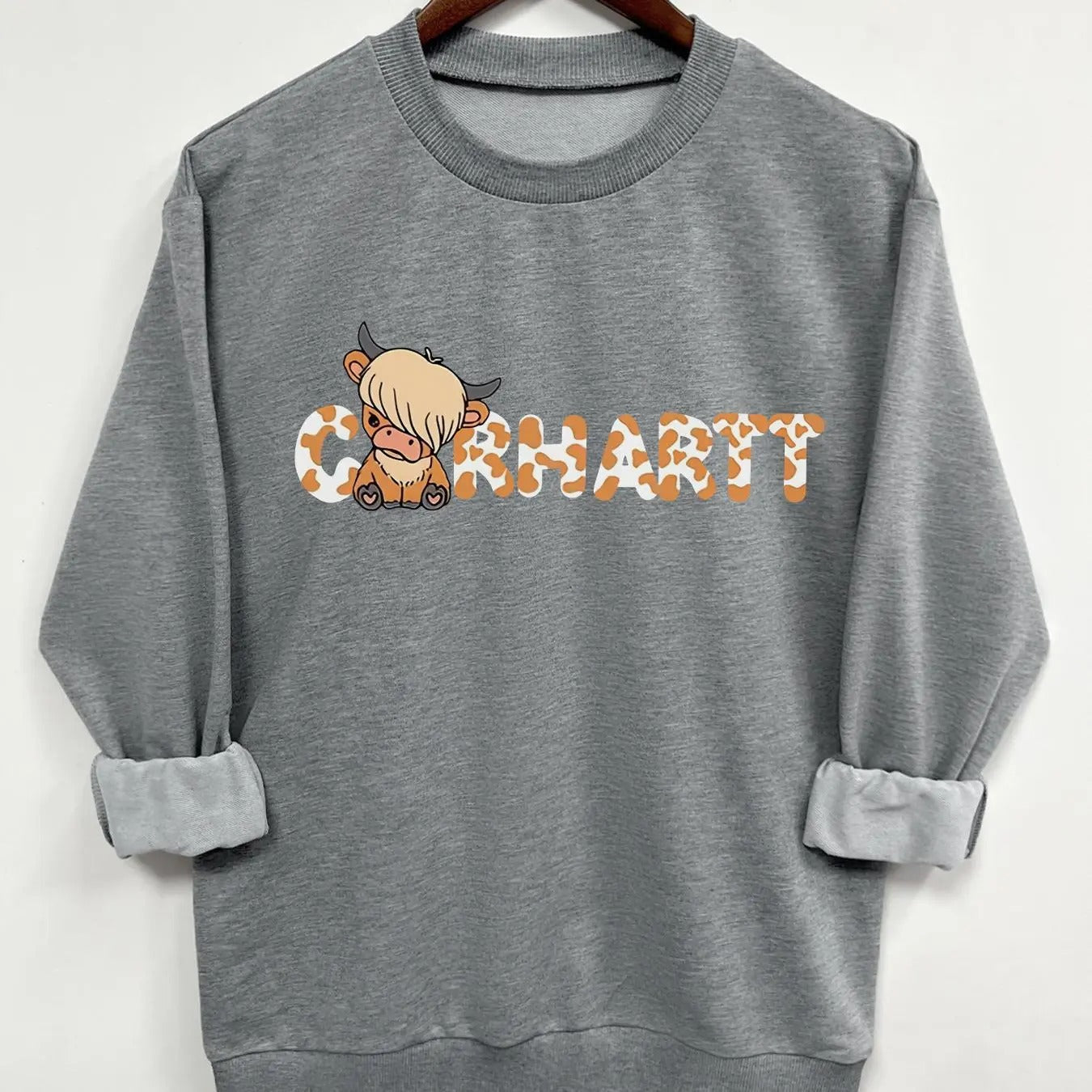 Girl's Cartoon Cow & Figure & Letter Print Crew Neck Sweatshirt, Casual Long Sleeve Pullover for Daily Wear, Clothing for...