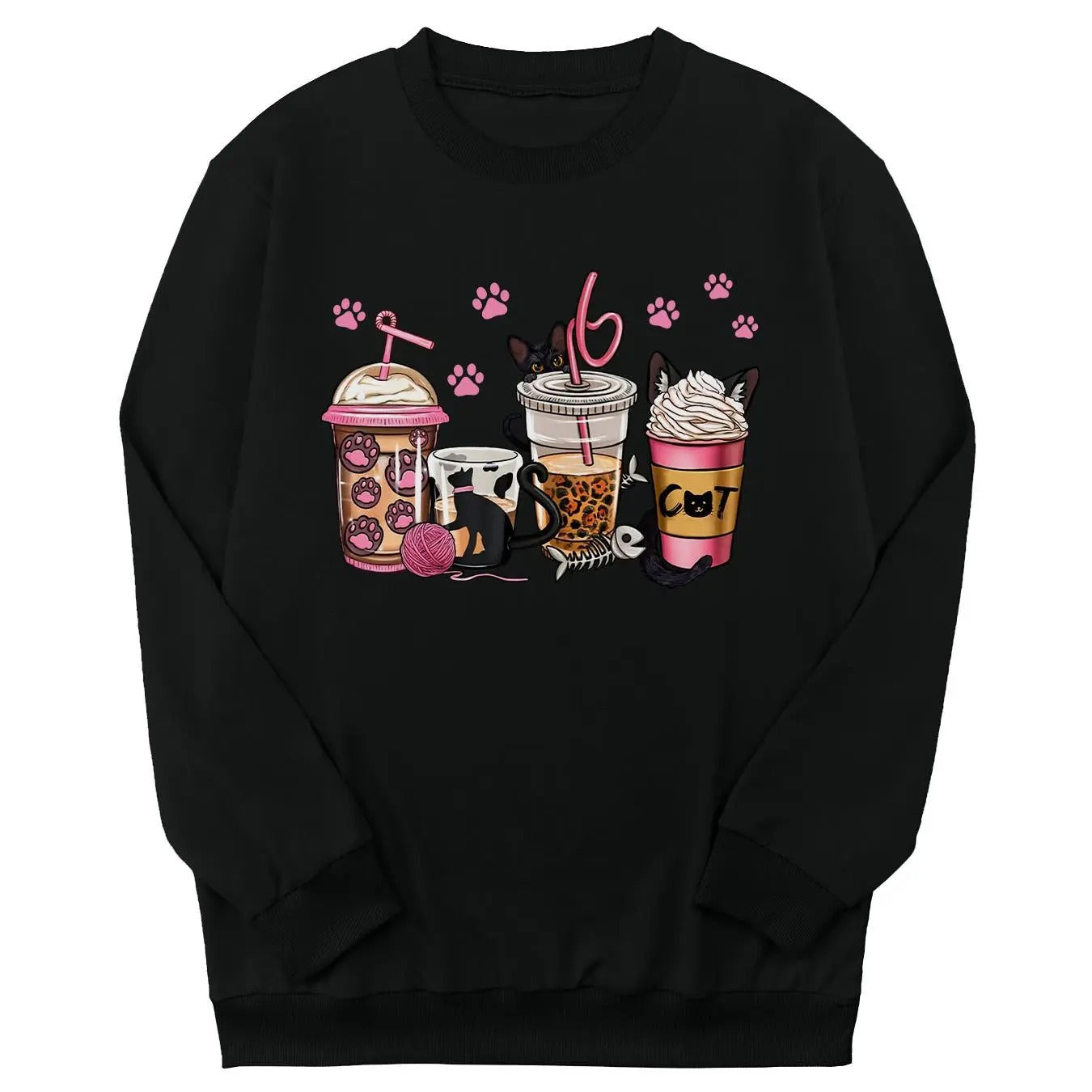 Girl's Graphic Print Sweatshirt, Cute Cat & Drink Print Crew Neck Sweatshirt for Daily Holiday Outdoor Wear, Girls...