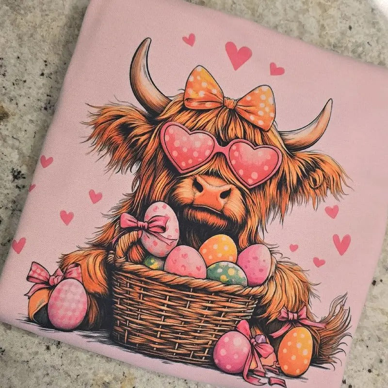Girly Easter highland cow Tee or Sweatshirt Hoodie | HypeDripTees.com