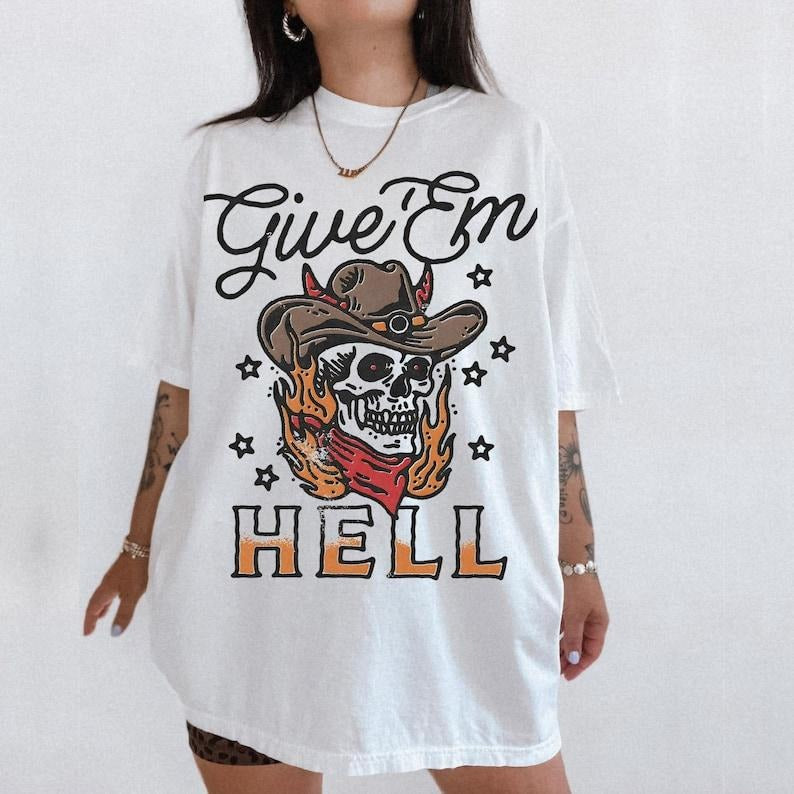 Give Em Hell Tee Western Skull Devil T Resist T Shirt Resistance Shirt Retro Outlaw Cowboy Shirt Trendy Vintage Inspired...