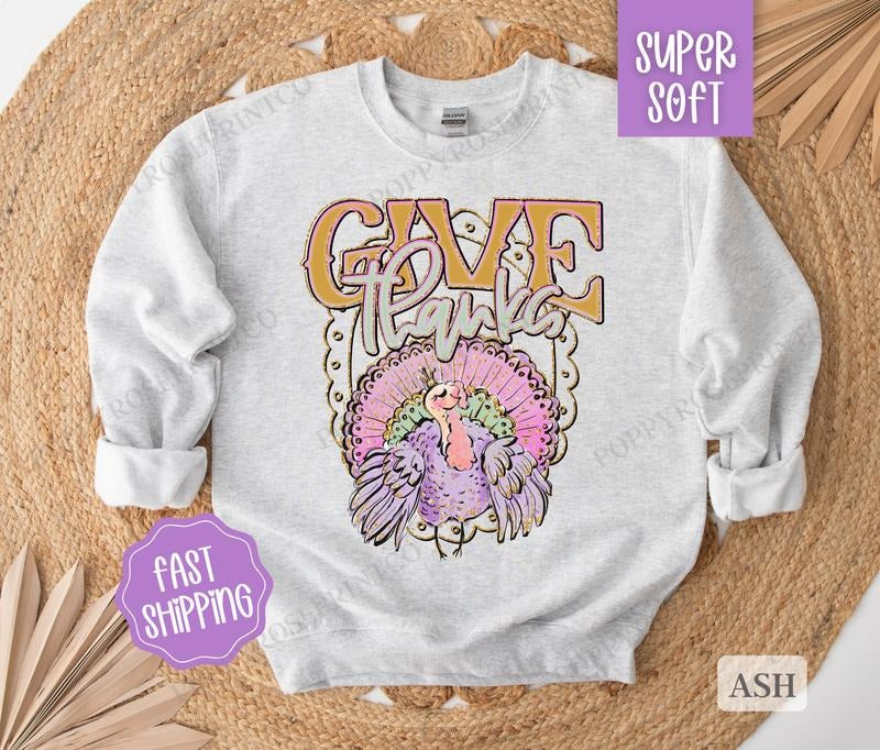 Give Thanks Sweatshirt, Thanksgiving Sweater,  Women's Fall Thankful Crewneck T-Shirts, Hoodie | HypeDripTees.com