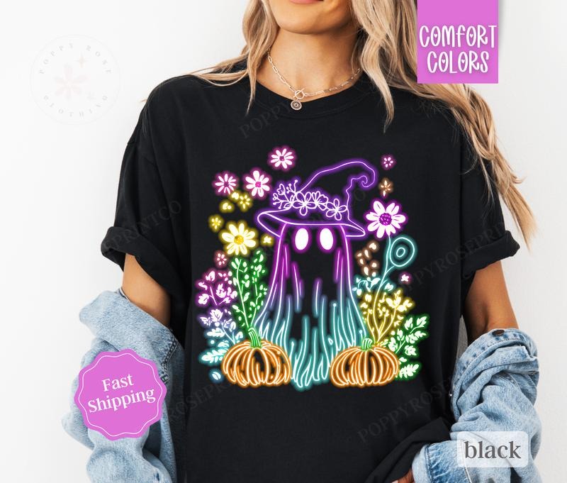 Glowing Ghost Shirt Comfort Colors, Cute Ghost Halloween Shirt,  October Vibes Shirt for Women Oversized Crewneck Tee...