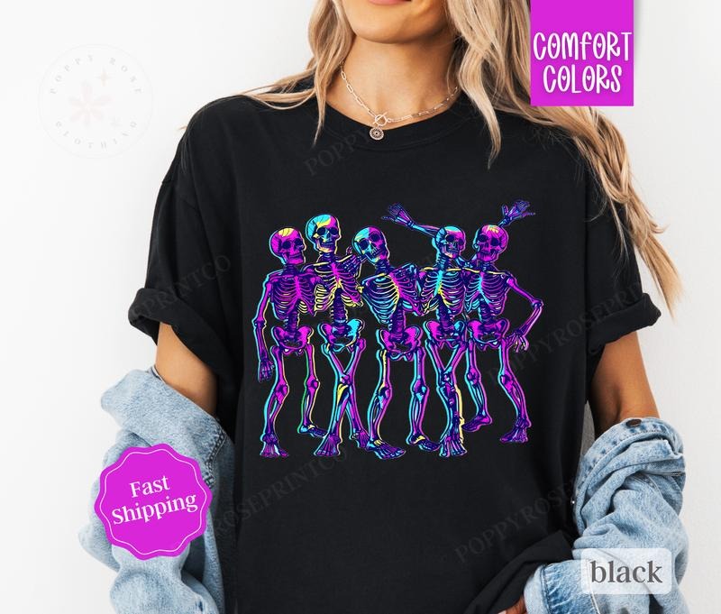 Glowing Skeleton Shirt Comfort Colors, Halloween Shirt,  October Vibes Shirt for Women Oversized Crewneck Tee Hoodie,...