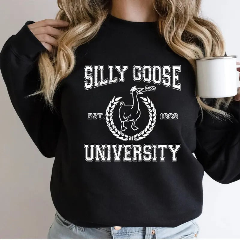 Go All Out Silly Goose University Funny Novelty Gift Funny Sweatshirt Casual Street Style Fleece Crewneck Pullover...