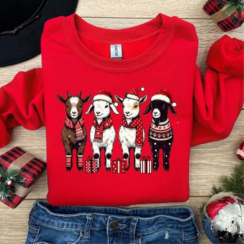 Goat Lover Animal Christmas Shirt, Funny Farm Animal Sweatshirt, Cute Goat Christmas Hoodie, Goats in a Row Tee, Holiday...