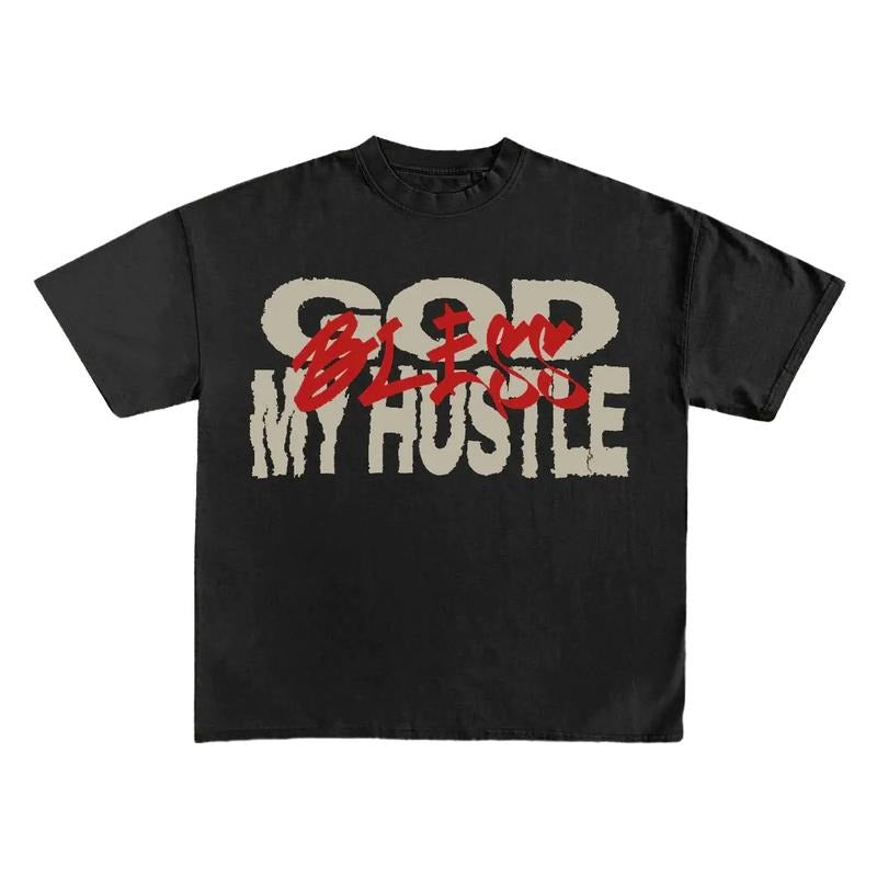 God Bless My Hustle Print Short Sleeve T-Shirt Fabric Menswear Top Man Tshirt Streetwear Crewneck Shortsleeve Casual...