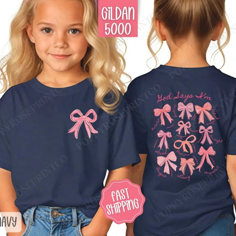 God Says I Am Kids Shirt, Coquette Bow Children's Shirt, Religious Youth Tee Gildan Hoodie, Sweatshirt | HypeDripTees.com