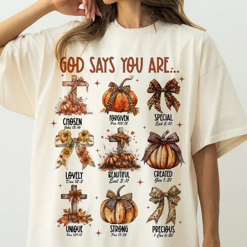 God Says You Are Shirt, Fall Coquette Bow Sweatshirt, Christian Fall T-Shirt, Autumn Pumpkin Shirt, Cross Christian Shirt...