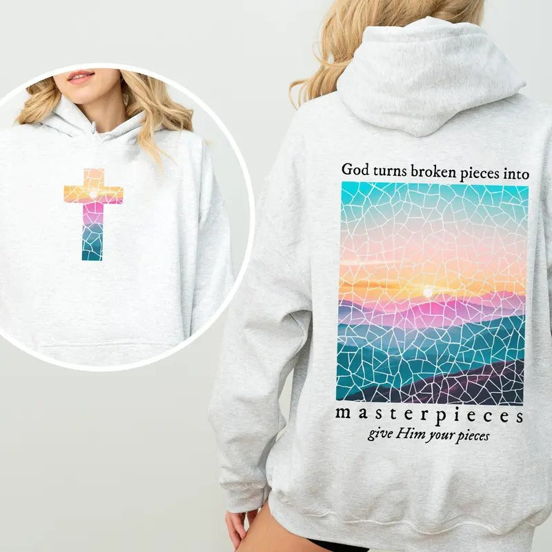God Turns Broken Pieces Into Masterpieces, Give Him Your Pieces, Front and Back, Religious, Gospel, Faith, Jesus,...