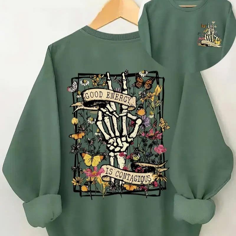 Good Energy Is Contagious Crew Neck Casual Sweatshirt For Fall & Spring, Women's Plus Size Clothing T-Shirts, Hoodie