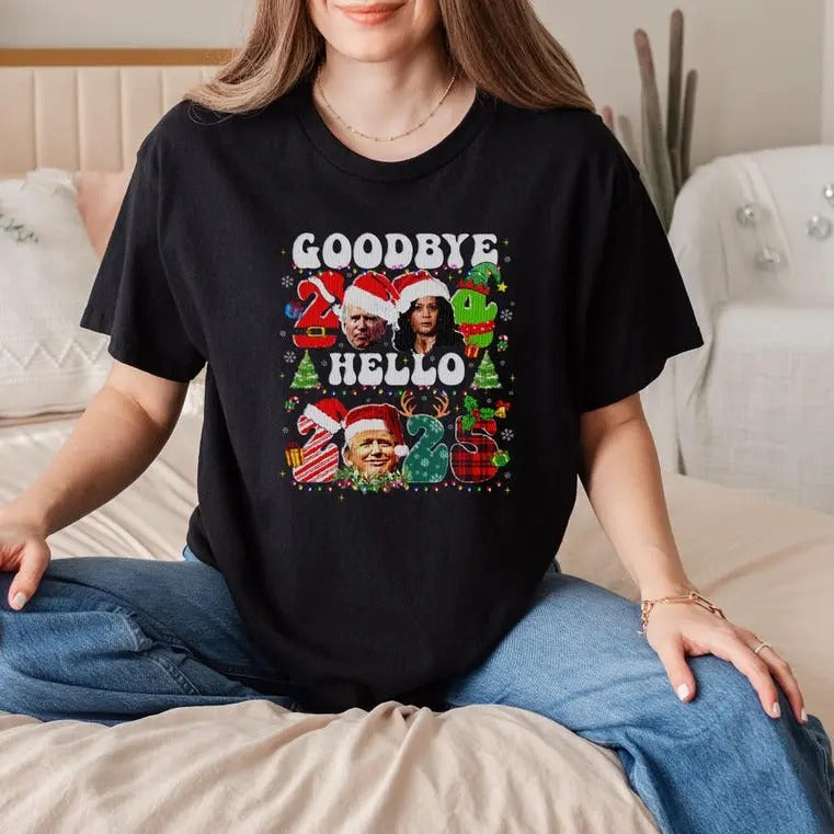 Goodbye 2024 Hello 2025 Christmas Trum Shirt, Funny Holiday Tee, Trum 2025 T-Shirt, Political Christmas Humor Shirt, New...