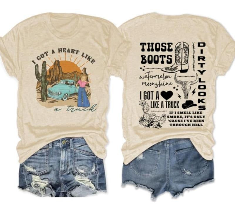 Got a Heart Like a Truck 2 Sides Shirt Country Concert Outfits Women Nashville Tshirt Cowgirl Shirt Cow Skull Graphic Tee...