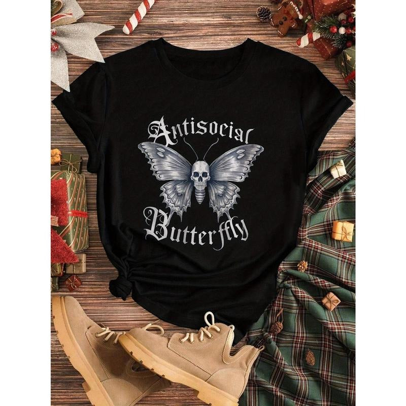 Gothic Skull & Butterfly Graphic Women's Plus Size Casual Short Sleeve T-Shirt - Light Grey Relaxed Fit Round Neck Tee,...