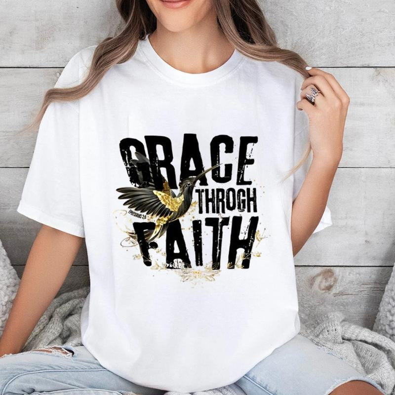 Grace Through Faith T-Shirt Pure Cotton Casual Style Crew Neck Short Sleeve T-Shirt Tops Trendy for Unisex Hoodie, Sweatshirt