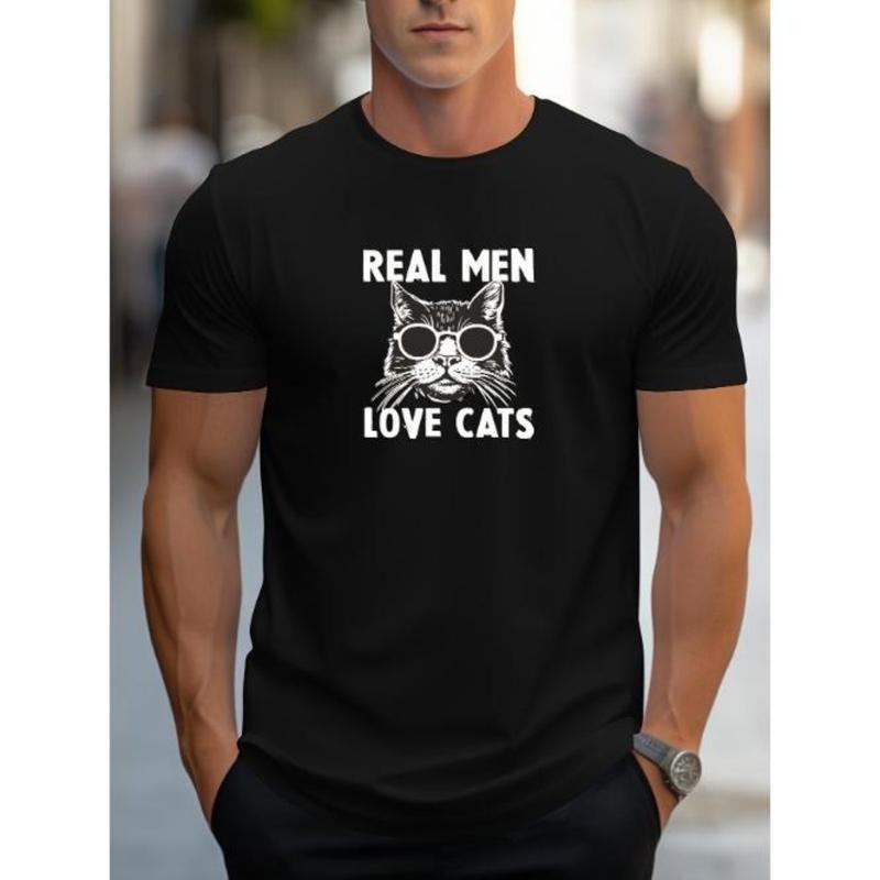 Graphic Print Men's Creative Top, REAL MEN LOVE CATS Casual Short Sleeve Crew Neck T-shirt for Summer Outdoor Made in USA...