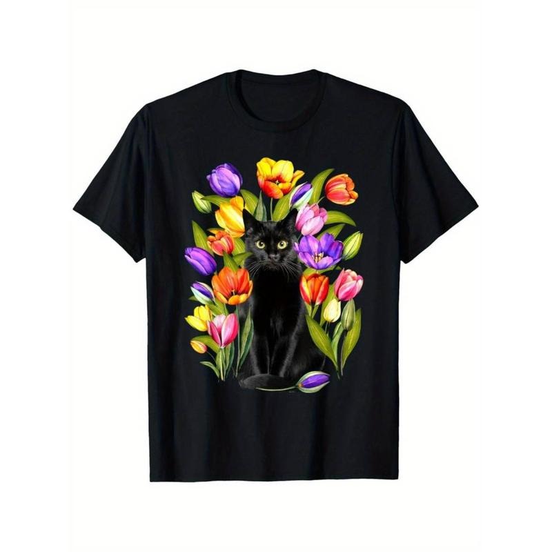 [Graphic Tees] Cotton  [100% Cotton T-Shirt] 100% Cotton Unisex T-Shirt | Black with Vibrant Floral & Cat Design, Casual...