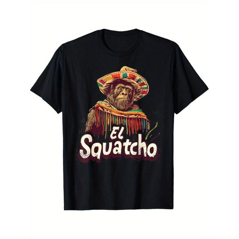 [Graphic Tees] Cotton  [Black T-Shirt] Cotton Men's Black T-Shirt | El Squatcho Poncho Sasquatch Design Hoodie, Sweatshirt
