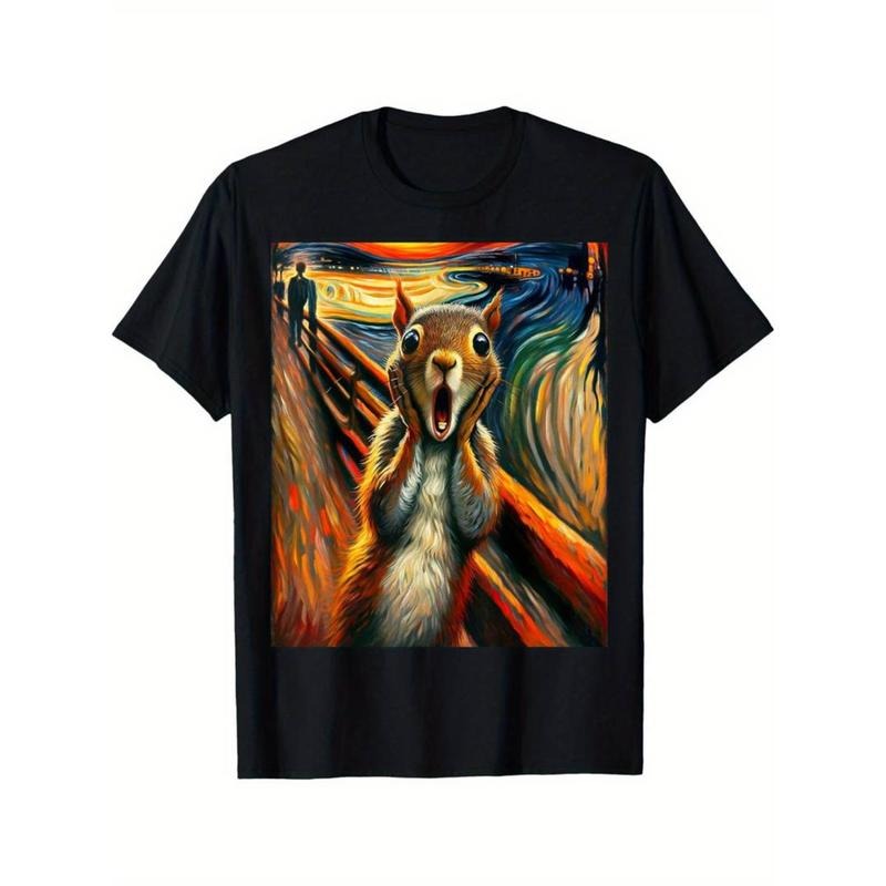[Graphic Tees] Cotton  [Squirrel Lover Art Tee] Black Squirrel Lover Art Expressionist Scream Shirt - Casual Short...