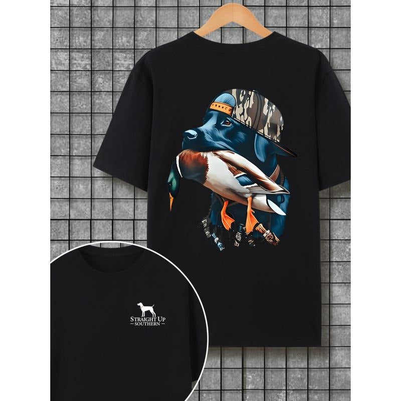 [Graphic Tees] Cotton   black hunting dog with duck cotton t shirt relaxed fit classic crew neckline short sleeves for  ...