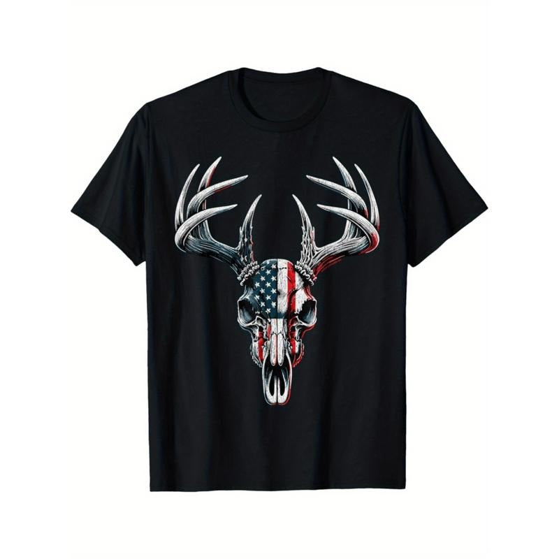 [Graphic Tees] Cotton   deer hunting american flag on   skull mens t shirt black -1
