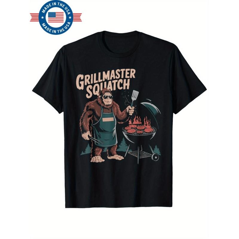 [Graphic Tees] Cotton   sasquatch funny bbq t shirt for men retro graphic design short sleeve crew neck   grilling casual...