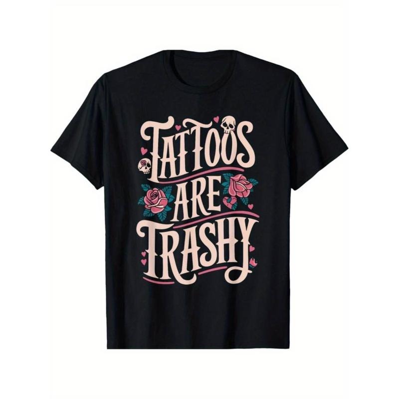 [Graphic Tees] Cotton  Cotton Unisex T-Shirt | Casual Round Neck, Geometric Pattern, "Tattoos Are Trashy" Slogan,...