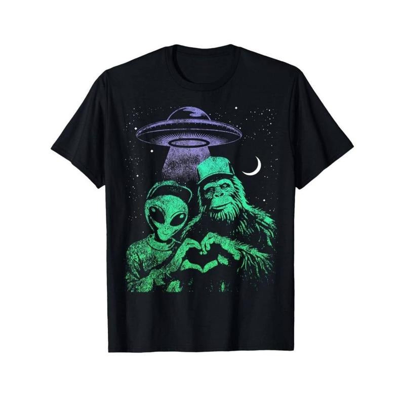 [Graphic Tees] Cotton  Funny Sasquatch and Alien Love Hand Sign Graphic T-Shirt for Men Hoodie, Sweatshirt | HypeDripTees.com
