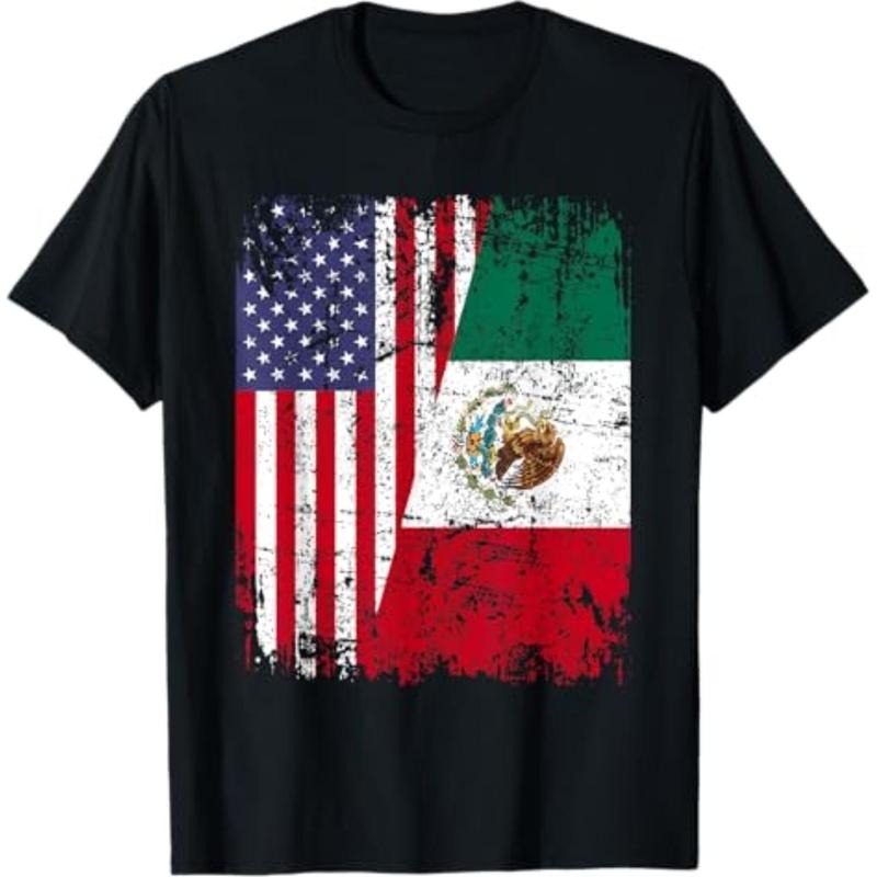 [Graphic Tees] Cotton  MEXICAN ROOTS | Half American Flag | MEXICO T-Shirt