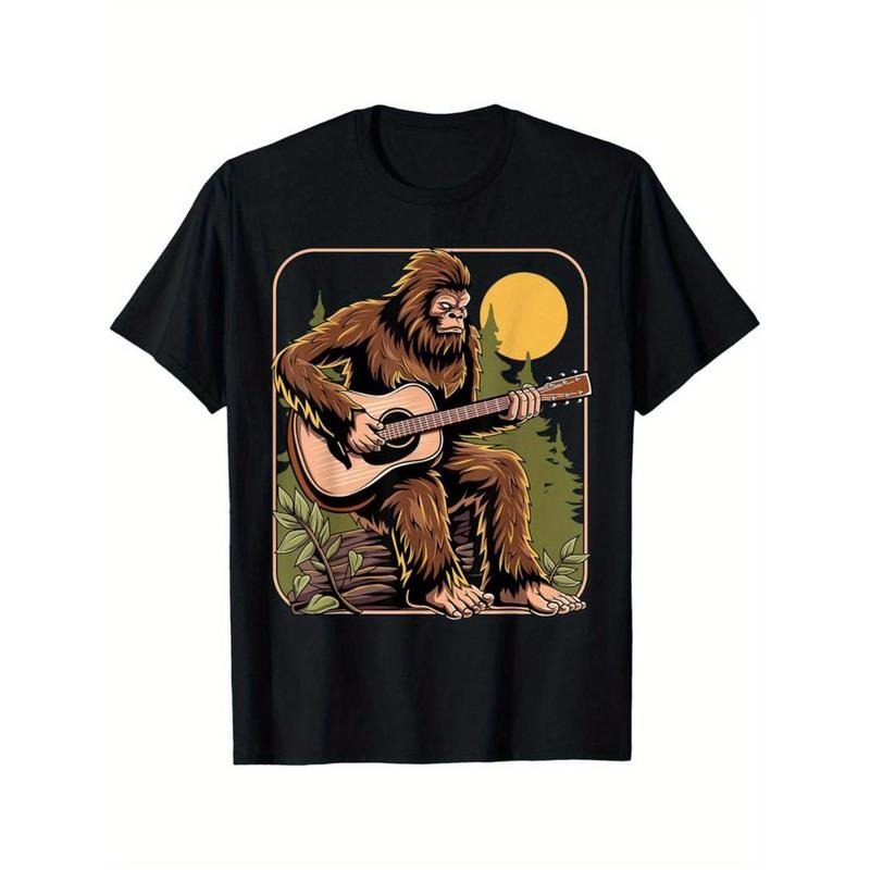 [Graphic Tees] Cotton  Men'S Retro Sasquatch Guitarist Pattern T-Shirt - Casual Crew Neck Decal Detail, Machine Washable