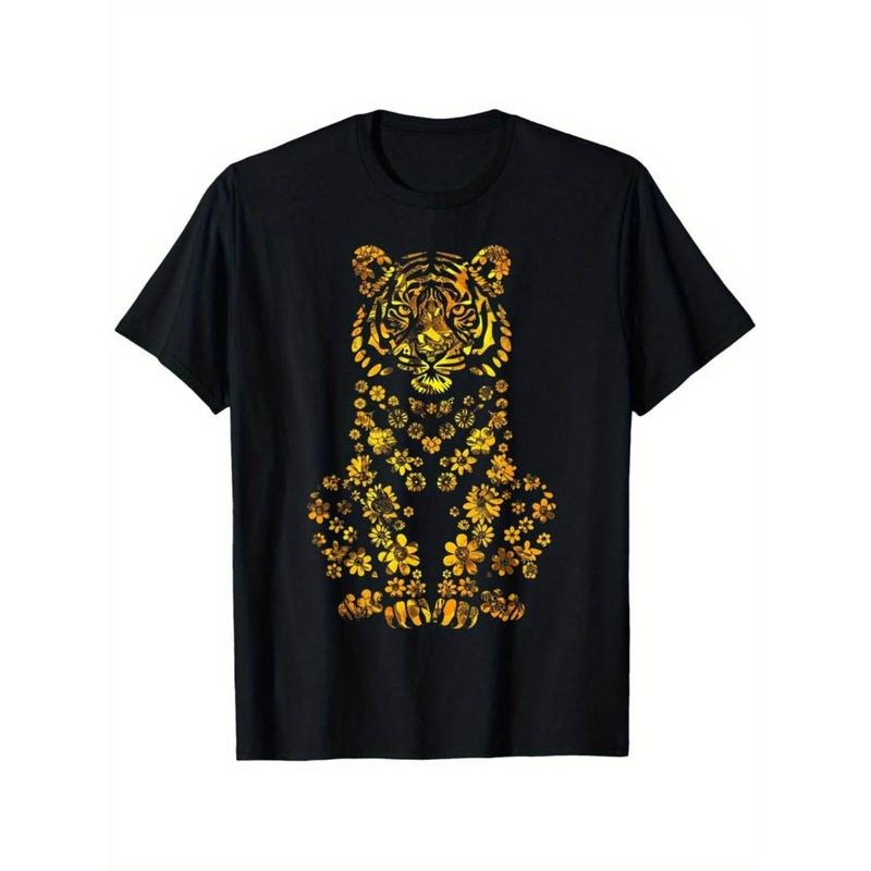 [Graphic Tees] Cotton  Men's Black and Golden Floral Print Tiger Graphic T-Shirt, 100% Cotton Hoodie, Sweatshirt